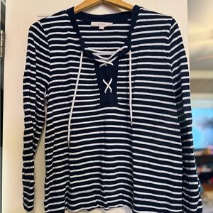 LOFT Navy and White Striped Blouse